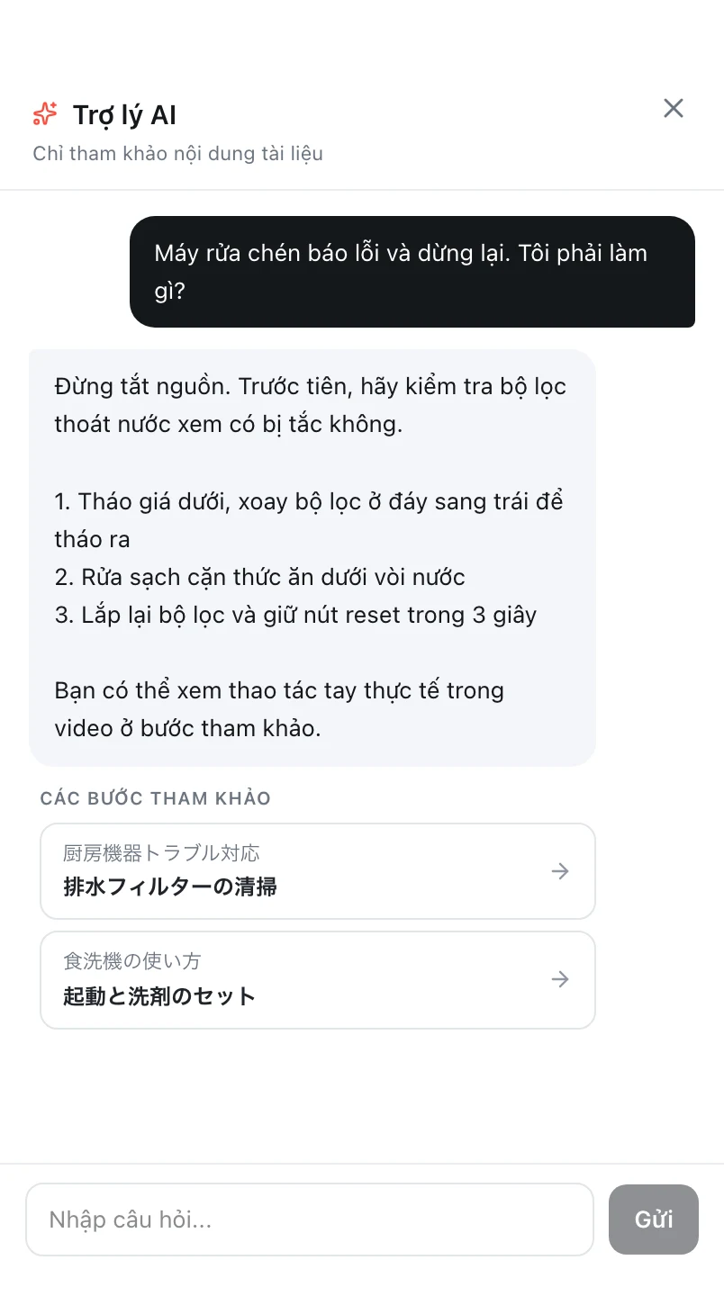 AIアシスタントにベトナム語で質問し、ベトナム語の回答と参照ステップが返っている実際の画面