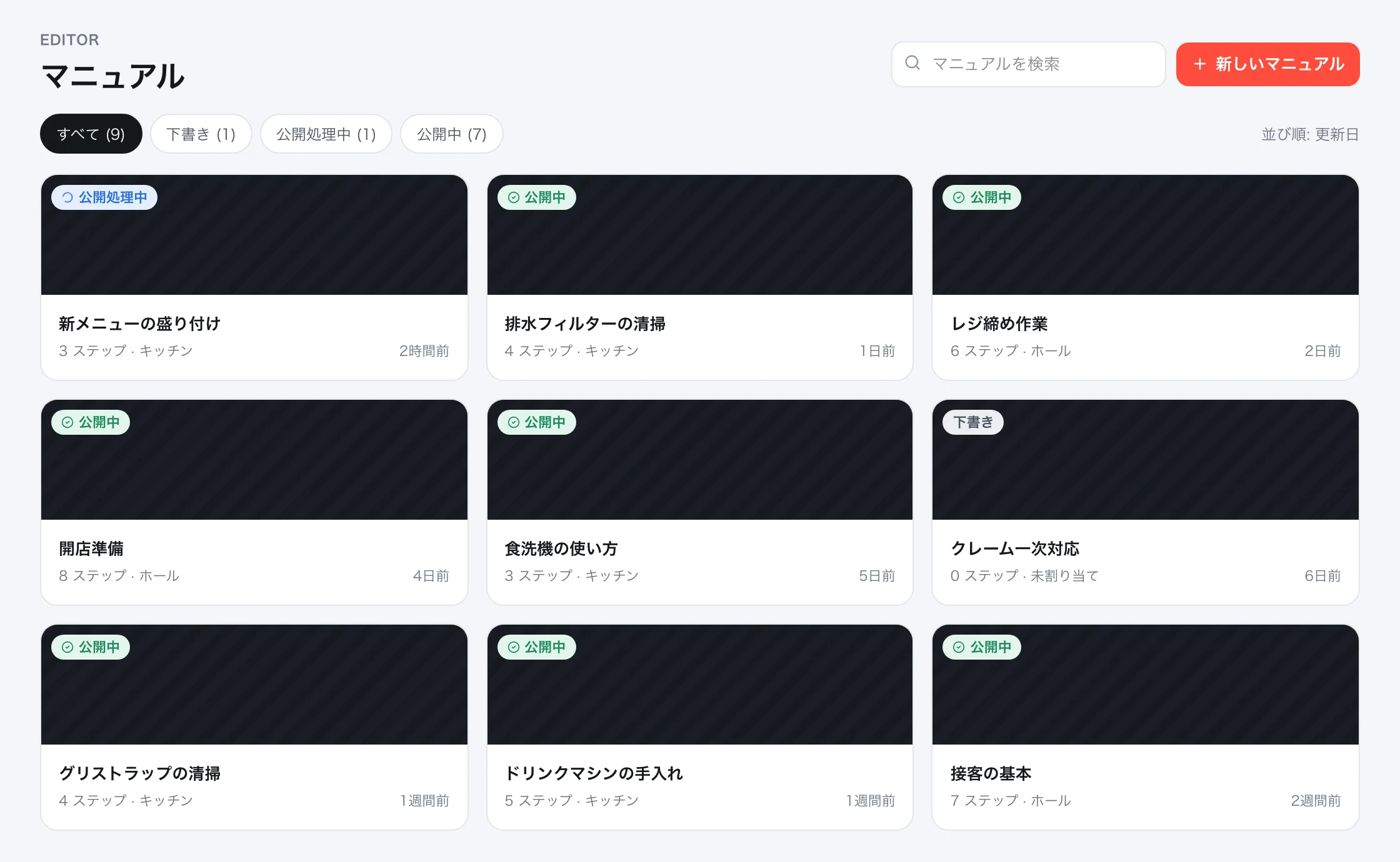 マニュアル一覧の実際の画面。公開中のマニュアルが並び、それぞれに新しい更新日が表示されている